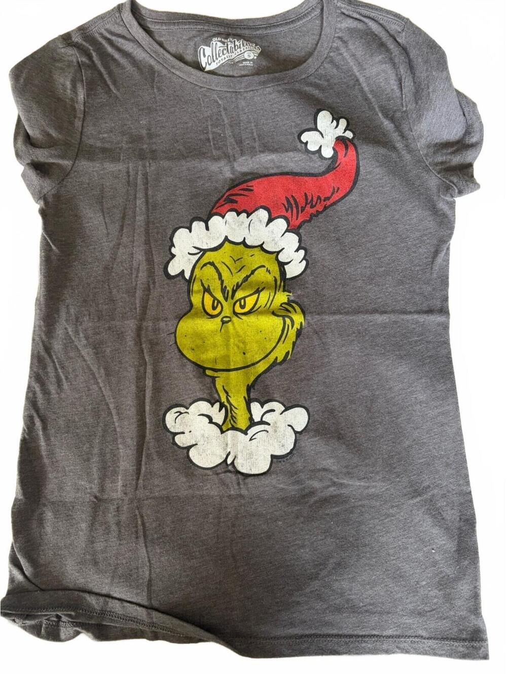 Old Navy Gray Tee with Grinch Graphic in Red, Yellow & White